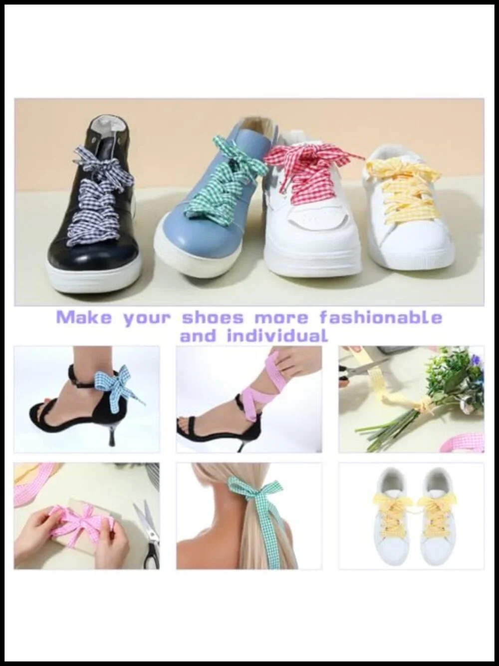 6 Pair Satin Ribbon Shoelaces for Sneakers - Gingham Flat Ballet Shoe Strings